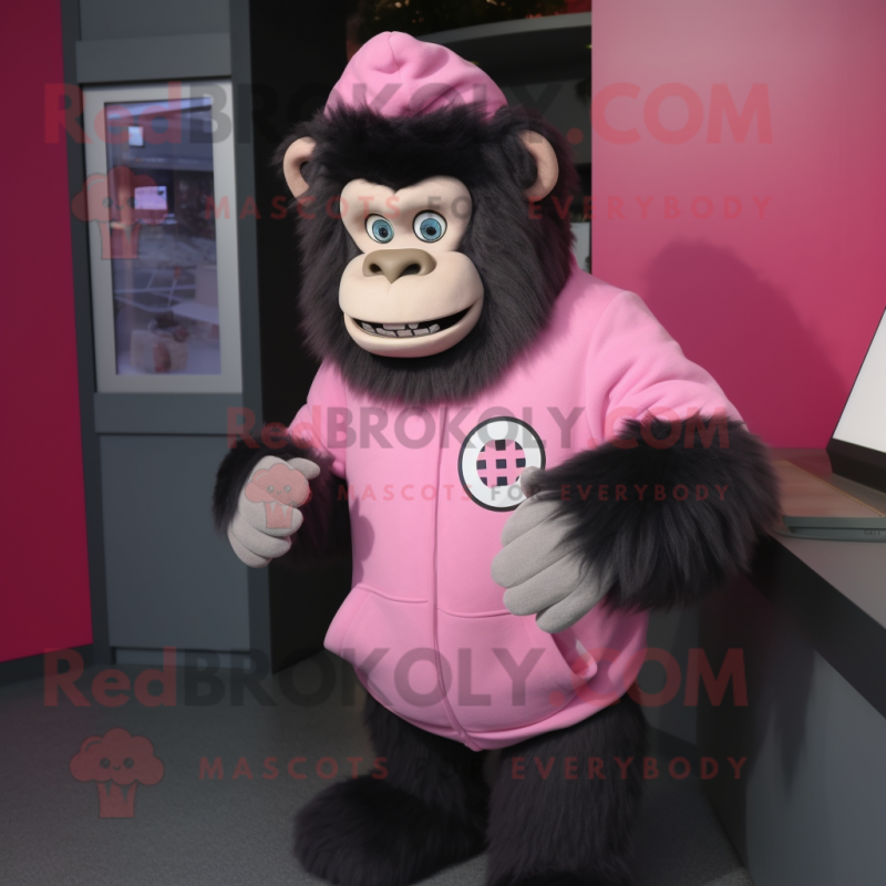 Pink Gorilla mascot costume character dressed with a Sweatshirt and Wallets Pink Gorilla mascot costume character dressed with a Sweatshirt and Wallets