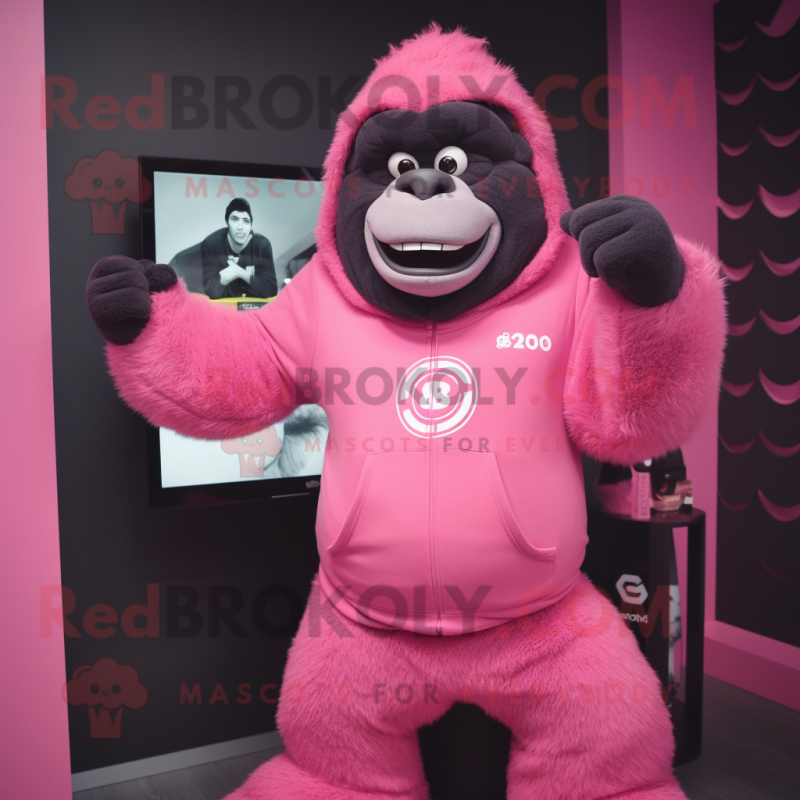 Pink Gorilla mascot costume character dressed with a Sweatshirt and Wallets