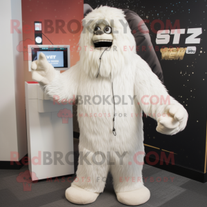 Cream Yeti mascot costume character dressed with a Sweatshirt and Earrings