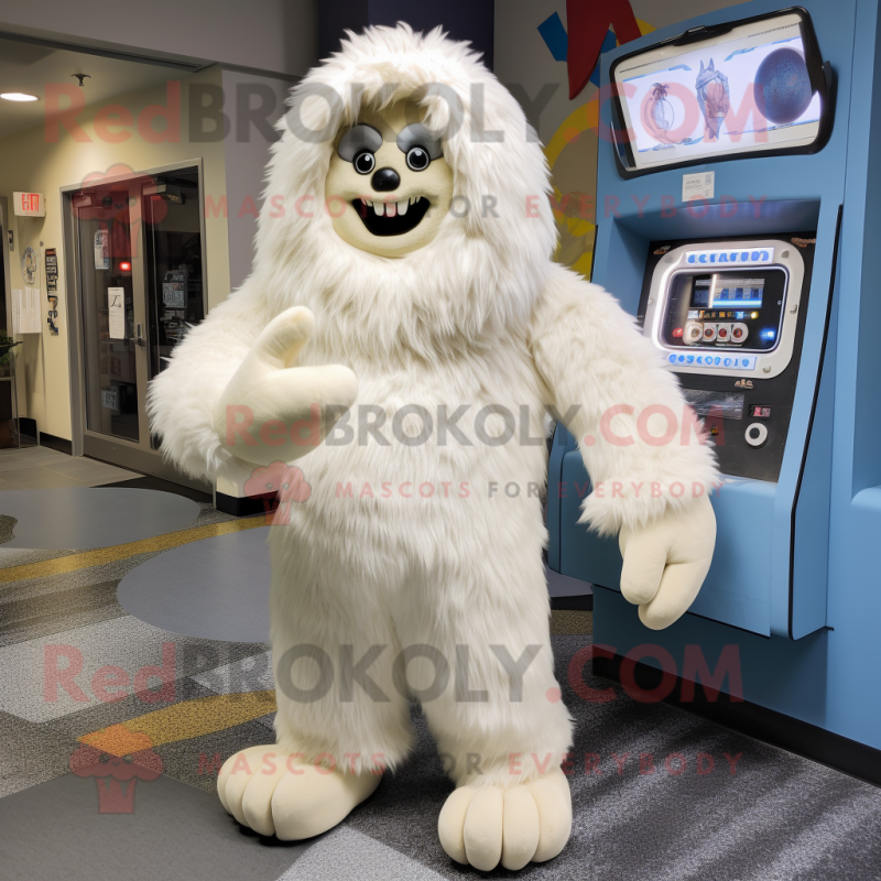 Cream Yeti mascot costume character dressed with a Sweatshirt and Earrings