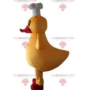Mascote pato amarelo e pintinho vermelho com chapéu de chef -