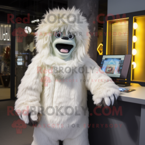 Cream Yeti mascot costume character dressed with a Sweatshirt and Earrings