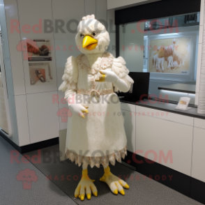 Cream Chicken mascot costume character dressed with a Shift Dress and Ties