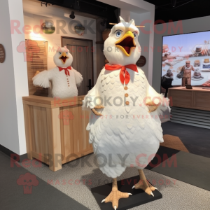 Cream Chicken mascot costume character dressed with a Shift Dress and Ties