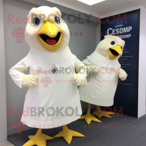Cream Chicken mascot costume character dressed with a Shift Dress and Ties