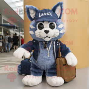 Navy Lynx mascot costume character dressed with a Denim Shorts and Handbags