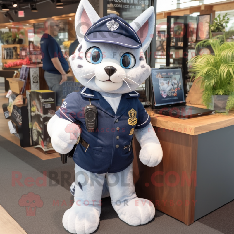 Navy Lynx mascot costume character dressed with a Denim Shorts and Handbags Navy Lynx mascot costume character dressed with a Denim Shorts and Handbags
