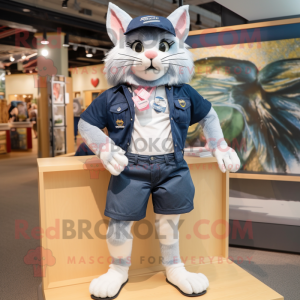 Navy Lynx mascot costume character dressed with a Denim Shorts and Handbags
