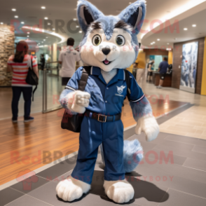 Navy Lynx mascot costume character dressed with a Denim Shorts and Handbags