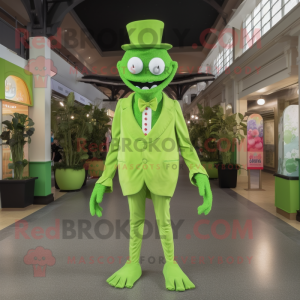 Lime Green Stilt Walker mascot costume character dressed with a Poplin Shirt and Brooches