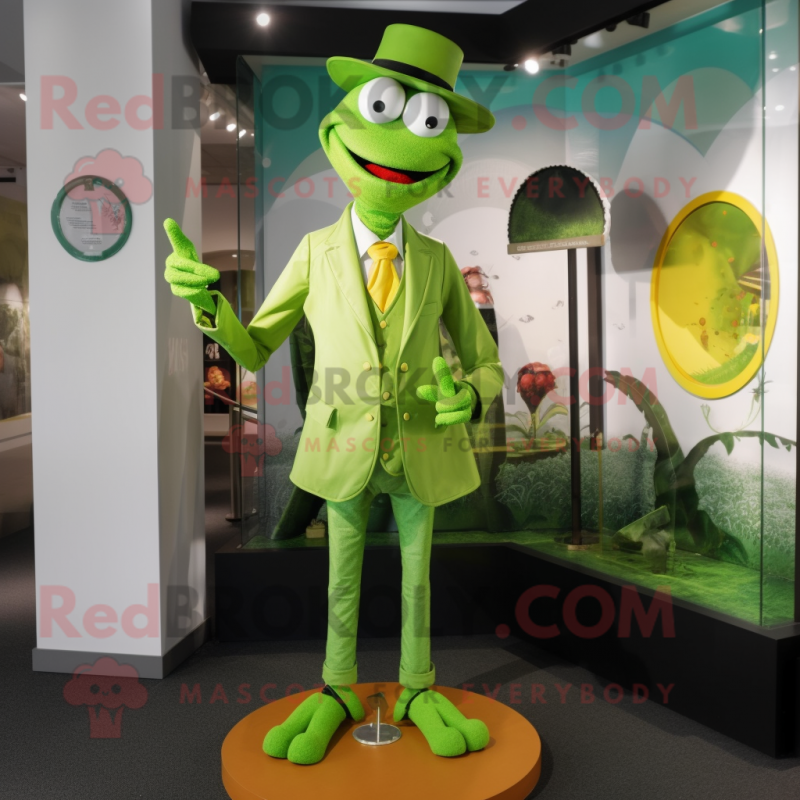 Lime Green Stilt Walker mascot costume character dressed with a Poplin Shirt and Brooches