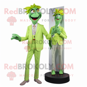 Lime Green Stilt Walker mascot costume character dressed with a Poplin Shirt and Brooches