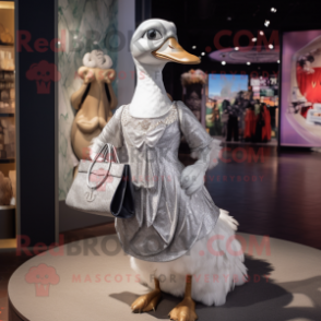 Silver Swan mascot costume character dressed with a Dress and Wallets