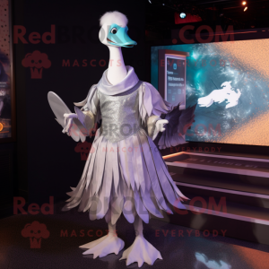 Silver Swan mascot costume character dressed with a Dress and Wallets