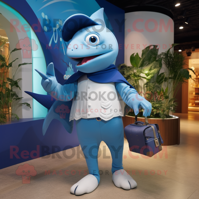 Blue Swordfish mascot costume character dressed with a Bermuda Shorts and Clutch bags Blue Swordfish mascot costume character dressed with a Bermuda Shorts and Clutch bags