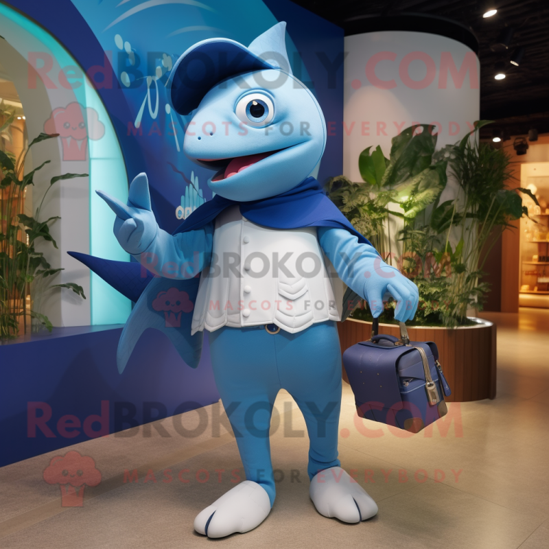 Blue Swordfish mascot costume character dressed with a Bermuda Shorts and Clutch bags