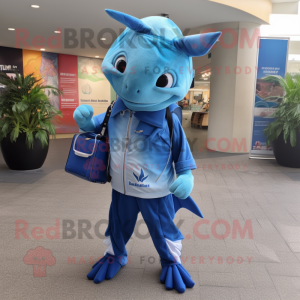 Blue Swordfish mascot costume character dressed with a Bermuda Shorts and Clutch bags