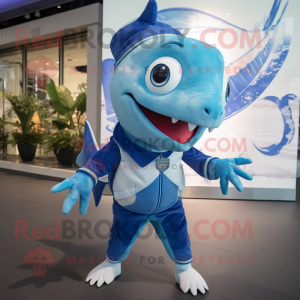 Blue Swordfish mascot costume character dressed with a Bermuda Shorts and Clutch bags