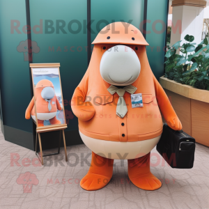 Peach Walrus mascot costume character dressed with a Dress Pants and Messenger bags
