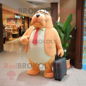 Peach Walrus mascot costume character dressed with a Dress Pants and Messenger bags