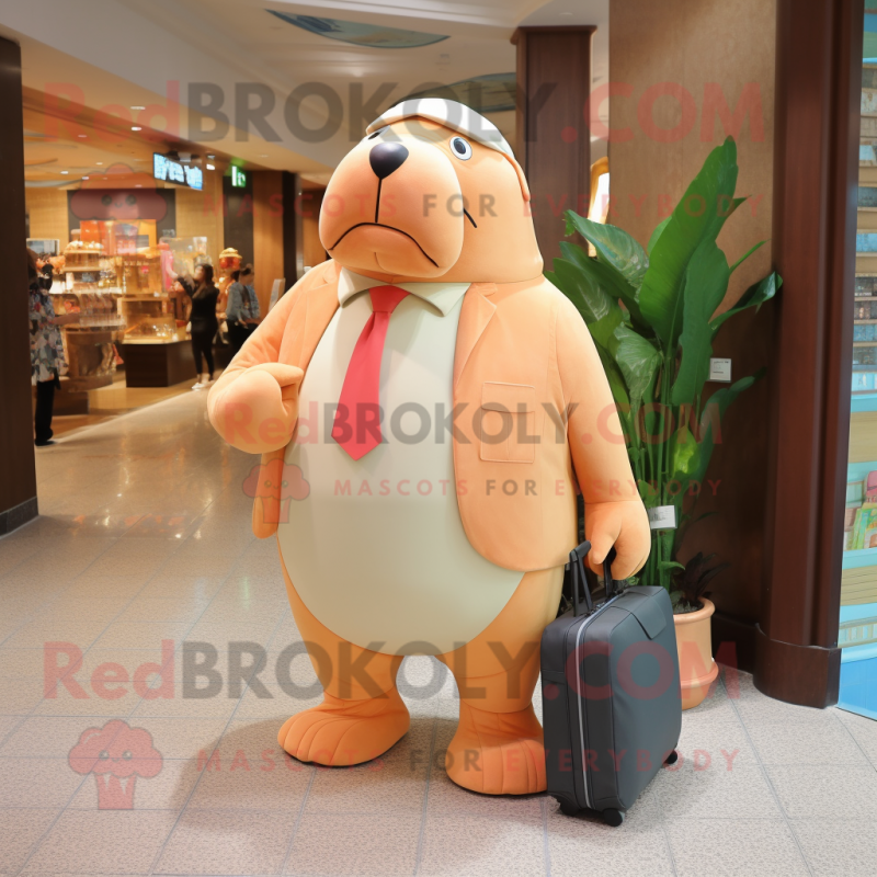 Peach Walrus mascot costume character dressed with a Dress Pants and Messenger bags Peach Walrus mascot costume character dressed with a Dress Pants and Messenger bags