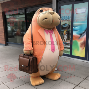 Peach Walrus mascot costume character dressed with a Dress Pants and Messenger bags