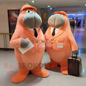 Peach Walrus mascot costume character dressed with a Dress Pants and Messenger bags