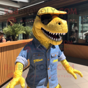 Yellow T Rex mascot costume character dressed with a Chambray Shirt and Sunglasses