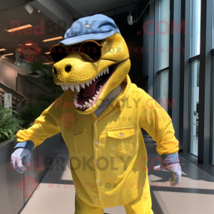 Yellow T Rex mascot costume character dressed with a Chambray Shirt and Sunglasses