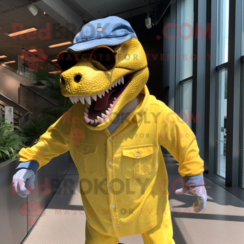 Yellow T Rex mascot costume character dressed with a Chambray Shirt and Sunglasses Yellow T Rex mascot costume character dressed with a Chambray Shirt and Sunglasses
