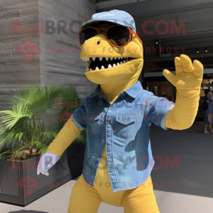 Yellow T Rex mascot costume character dressed with a Chambray Shirt and Sunglasses