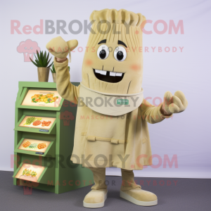 Tan Celery mascot costume character dressed with a Cardigan and Coin purses