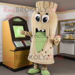 Tan Celery mascot costume character dressed with a Cardigan and Coin purses