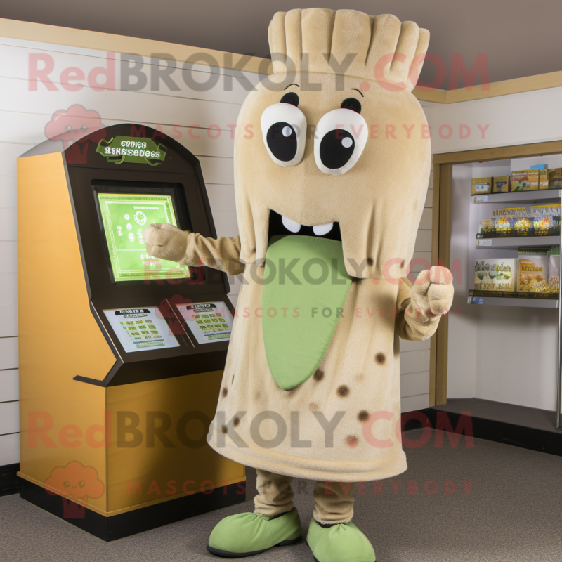 Tan Celery mascot costume character dressed with a Cardigan and Coin purses Tan Celery mascot costume character dressed with a Cardigan and Coin purses