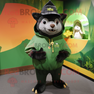 Forest Green Fruit Bat mascot costume character dressed with a Sweatshirt and Hat pins