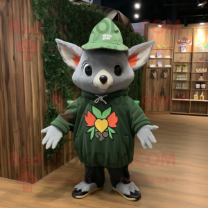 Forest Green Fruit Bat mascot costume character dressed with a Sweatshirt and Hat pins
