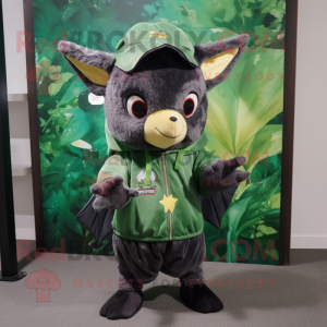 Forest Green Fruit Bat mascot costume character dressed with a Sweatshirt and Hat pins