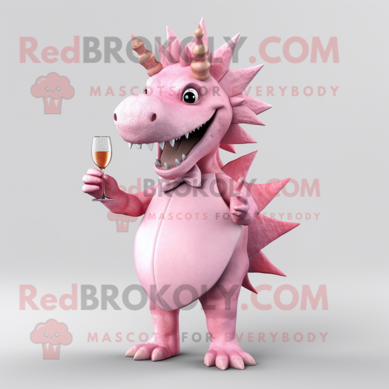 Pink Stegosaurus mascot costume character dressed with a Cocktail Dress and Tie pins Pink Stegosaurus mascot costume character dressed with a Cocktail Dress and Tie pins