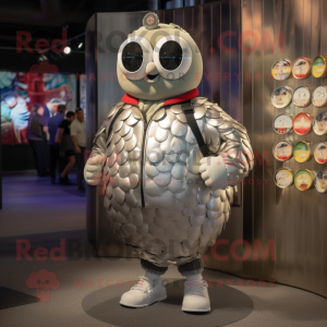 Silver Oyster mascot costume character dressed with a Bomber Jacket and Coin purses