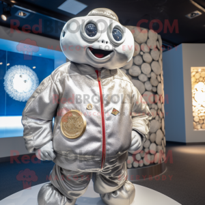 Silver Oyster mascot costume character dressed with a Bomber Jacket and Coin purses