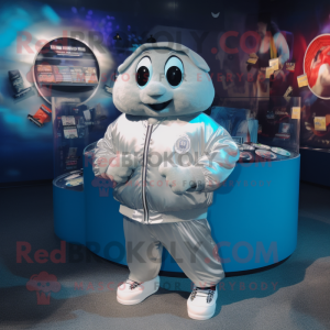 Silver Oyster mascot costume character dressed with a Bomber Jacket and Coin purses