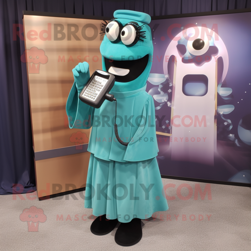 Teal Phone mascot costume character dressed with a A-Line Dress and Belts Teal Phone mascot costume character dressed with a A-Line Dress and Belts