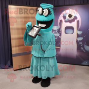 Teal Phone mascot costume character dressed with a A-Line Dress and Belts