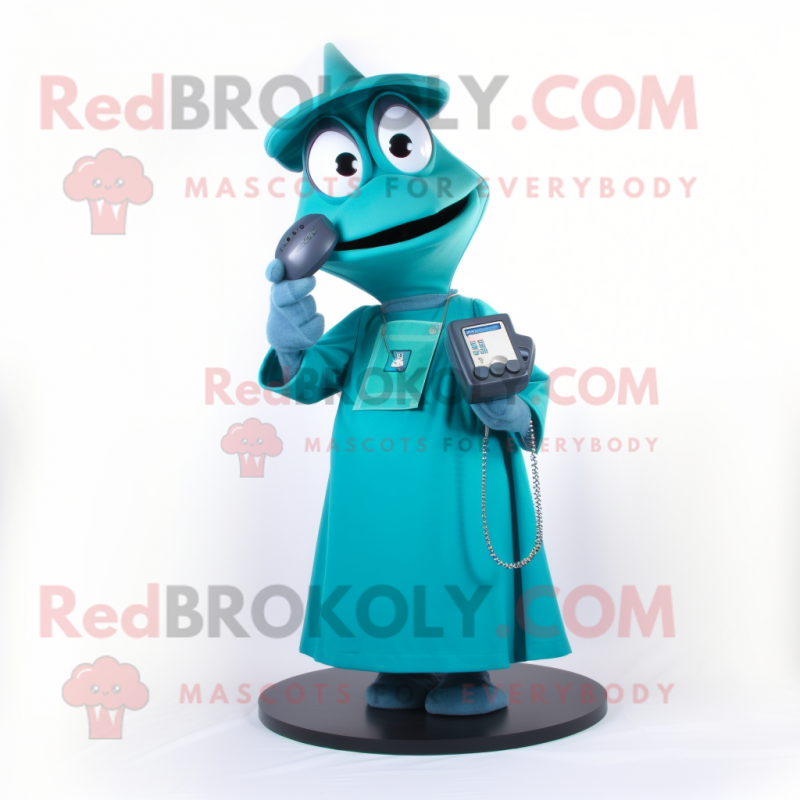 Teal Phone mascot costume character dressed with a A-Line Dress and Belts Teal Phone mascot costume character dressed with a A-Line Dress and Belts