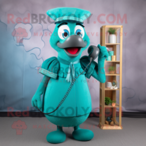 Teal Phone mascot costume character dressed with a A-Line Dress and Belts