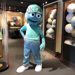 Teal Golf Ball mascot costume character dressed with a Jeggings and Suspenders
