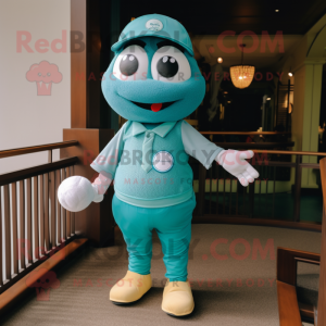Teal Golf Ball mascot costume character dressed with a Jeggings and Suspenders