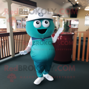 Teal Golf Ball mascot costume character dressed with a Jeggings and Suspenders