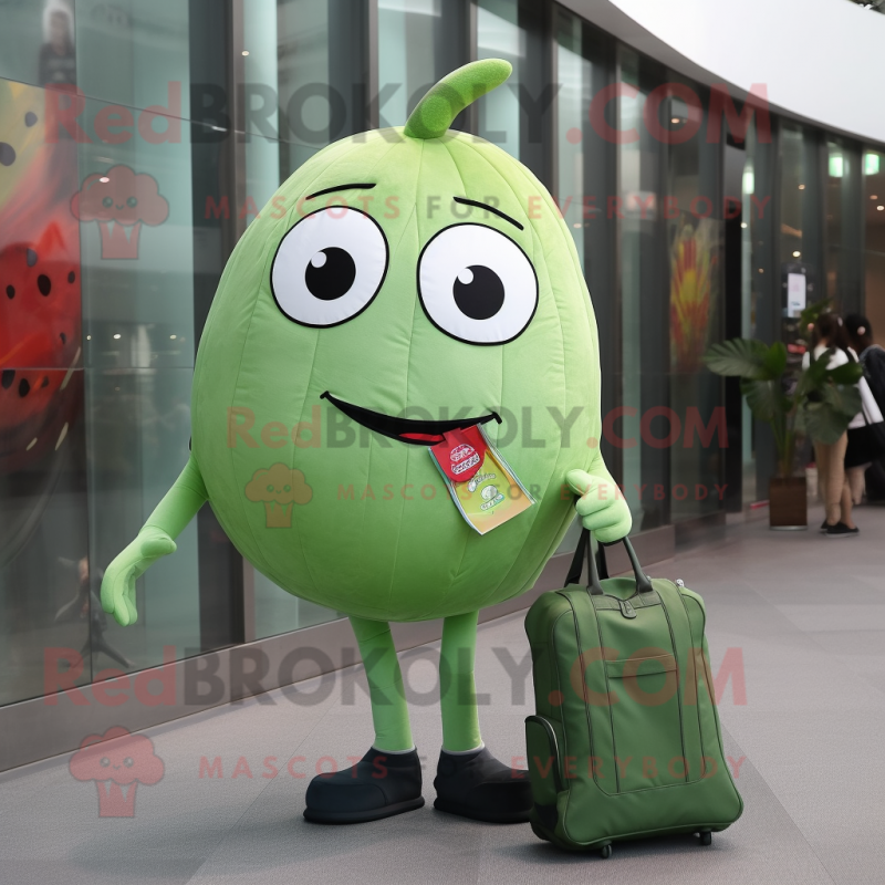 Lime Green Watermelon mascot costume character dressed with a Skinny Jeans and Tote bags