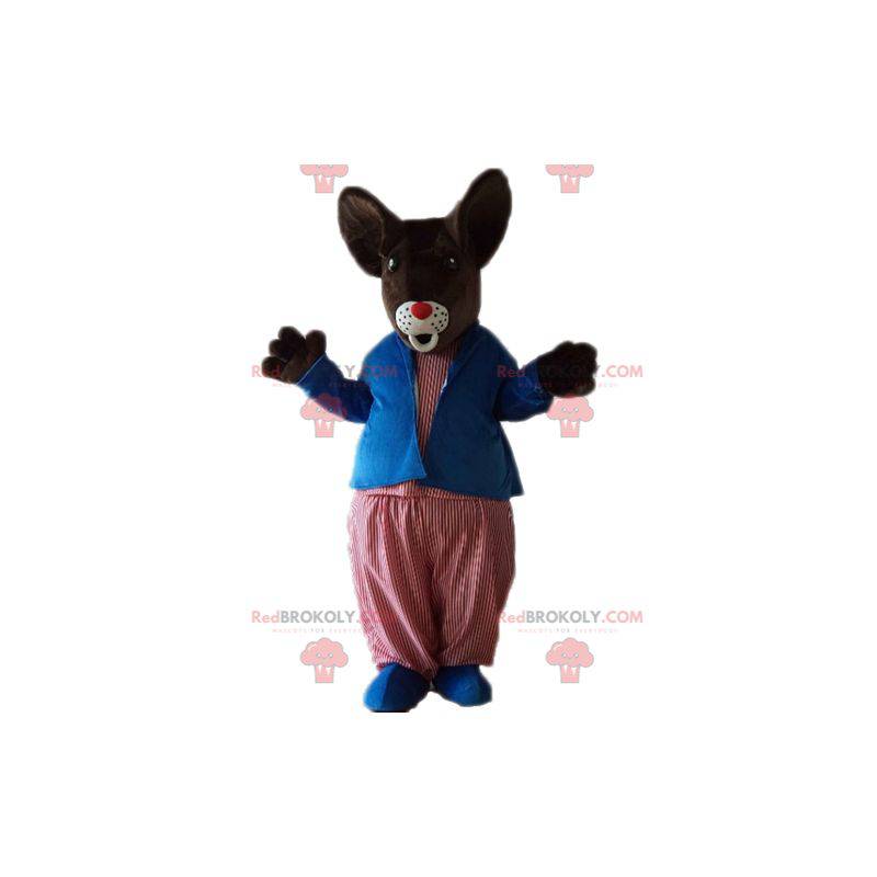 Mascotte de gros rat marron de souris en tenue colorée -